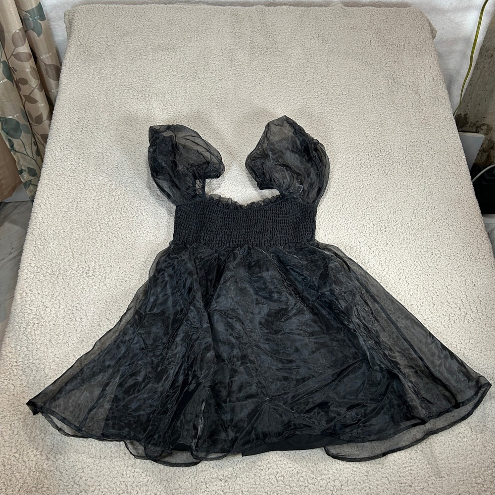 Akira Black Sheer Organza Puff Sleeve Babydoll Mini Dress MD2846 Size S - Picture 5 of 9